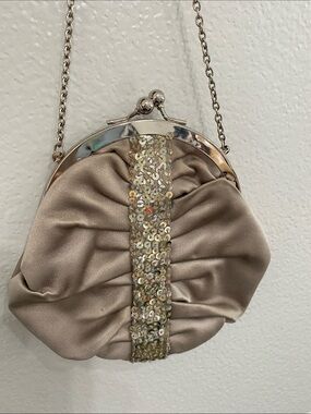 BCBGMaxAzria Matte Silver Satin Evening Clutch with Sequined Stripe